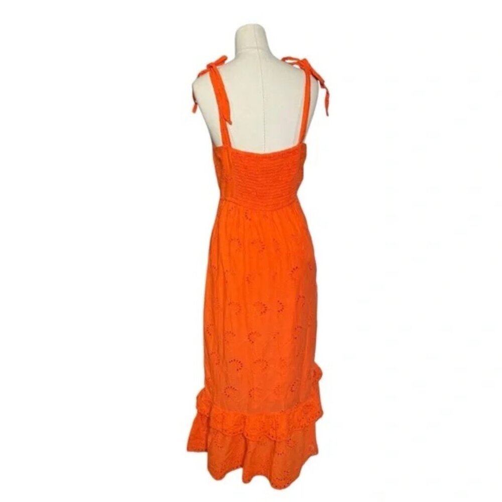 TAYLOR - Orange Eyelet Midi Dress – Tie Strap Sundress, Ruffle Hem, Summer Boho - Picture 4 of 6